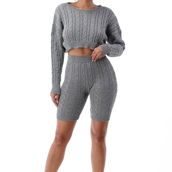 Cable Knit Set Cropped long sleeve top High Waist biker style short S M L - Picture 4 of 5